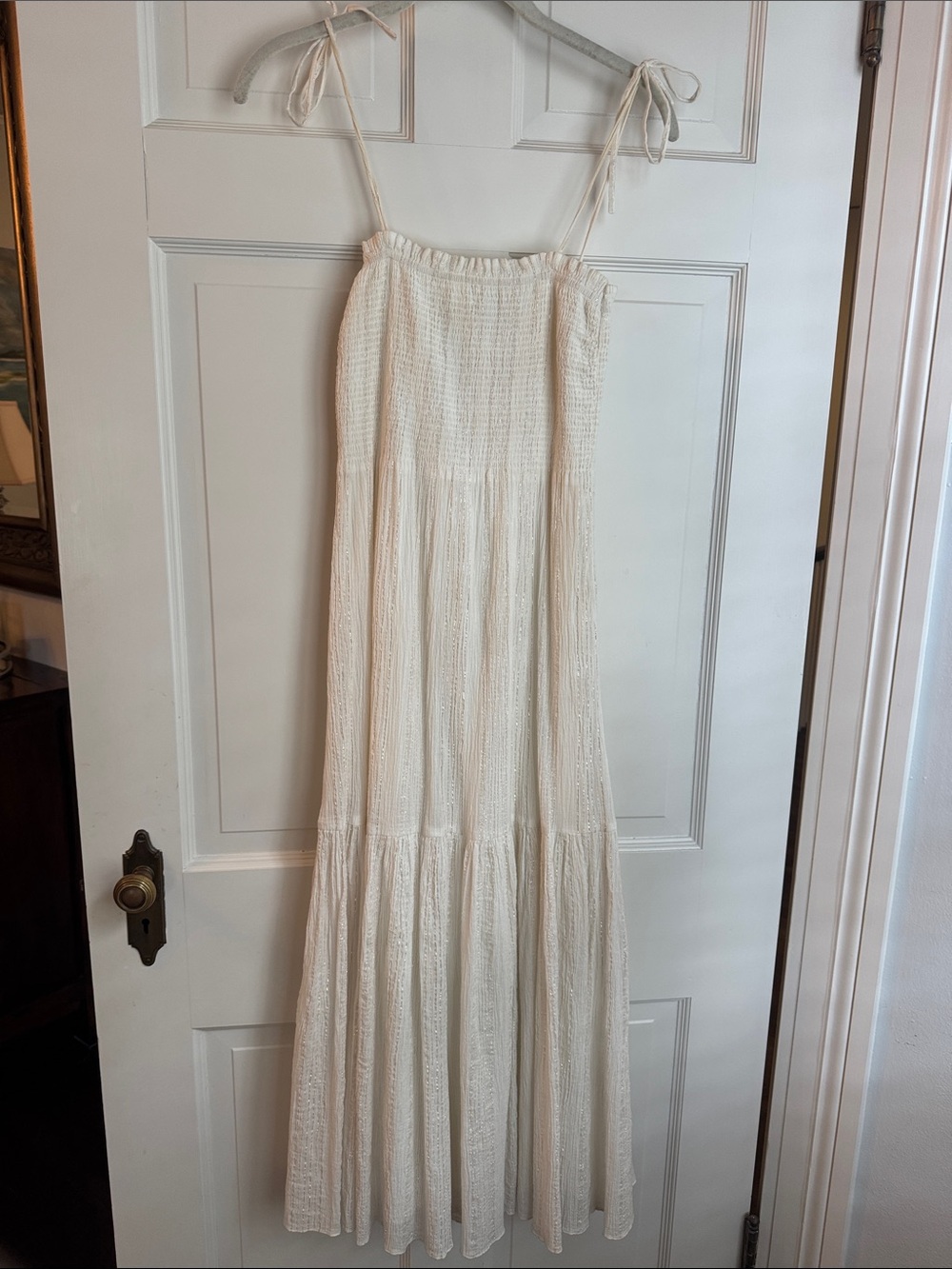 Joie Cream Smocked Bodice Maxi Dress with Tie Straps